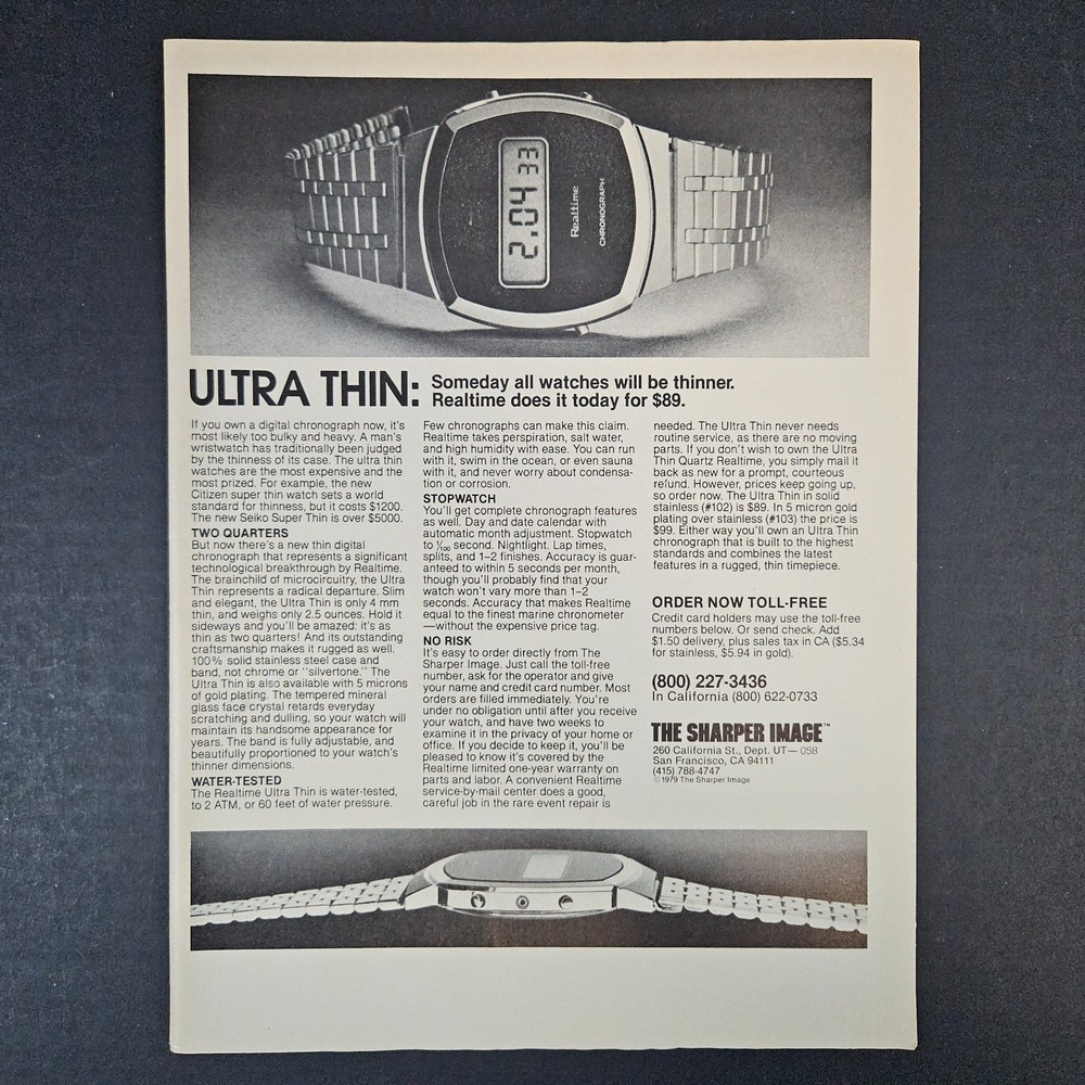1979 Sharper Image Ultra Thin Wristwatch Digital Chronometer Vintage Print Ad